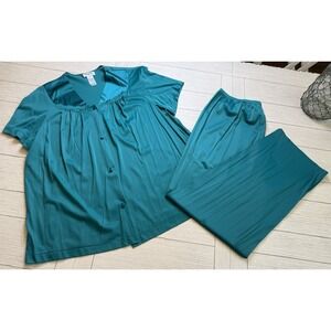 Vtg Vanity Fair Women's Sz 1X 2pc Pajama Pant Set Short Sleeve Teal Green Nylon‎